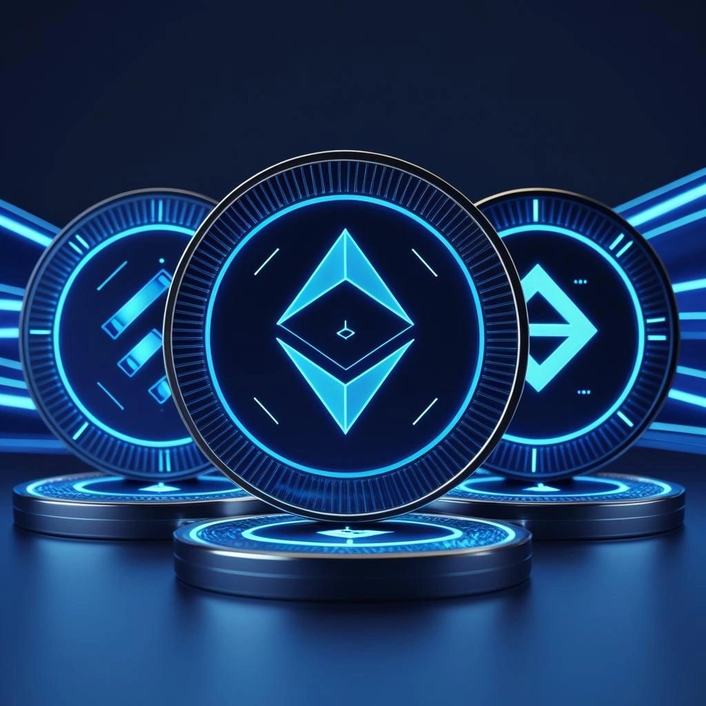Futuristic digital coins in blue light