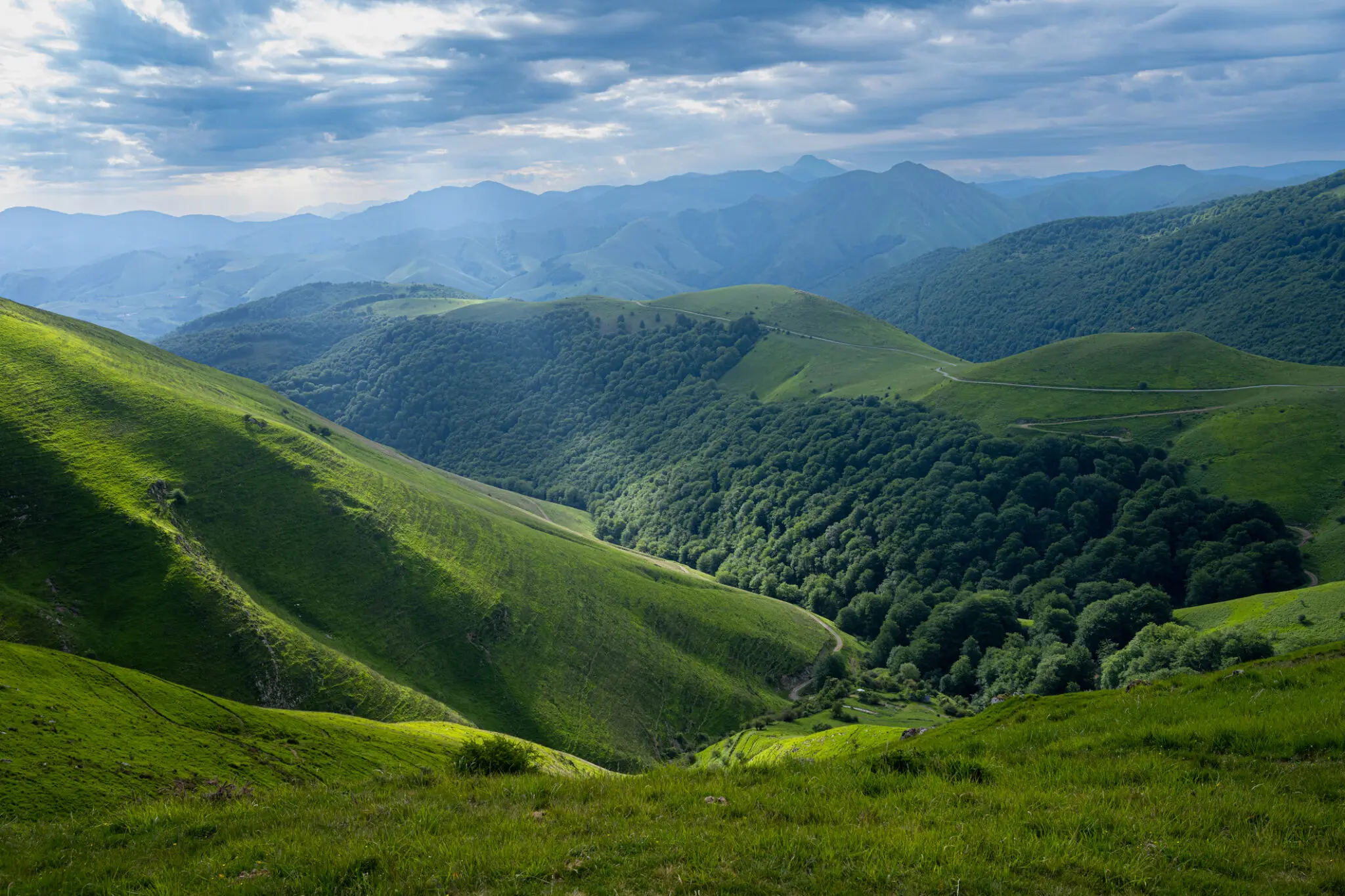 Lush green rolling hills under cloudy sky