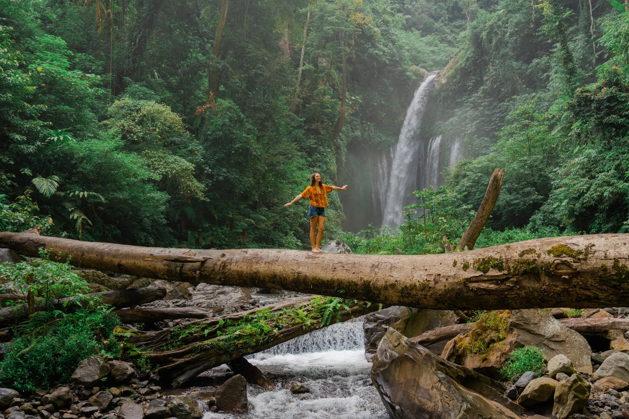 Person balancing on log across rainforest waterfall