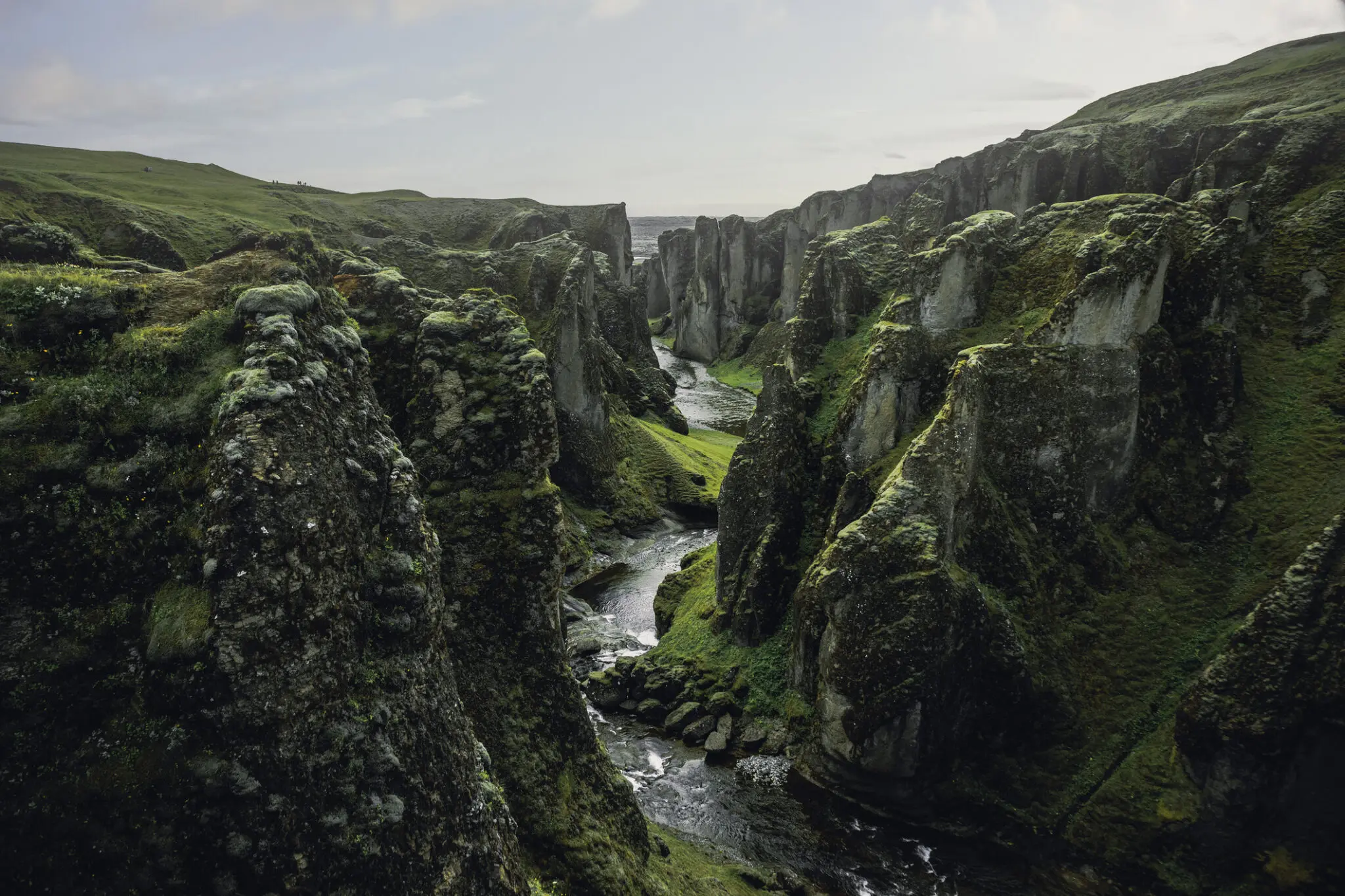 Mossy cliffs and winding river canyon