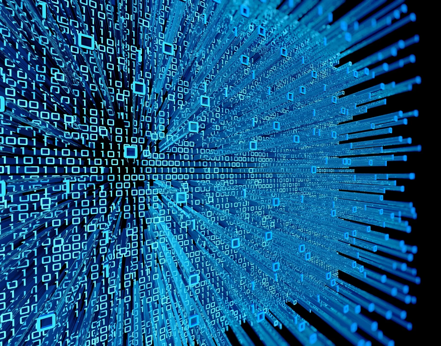 Abstract 3D blue binary code data stream