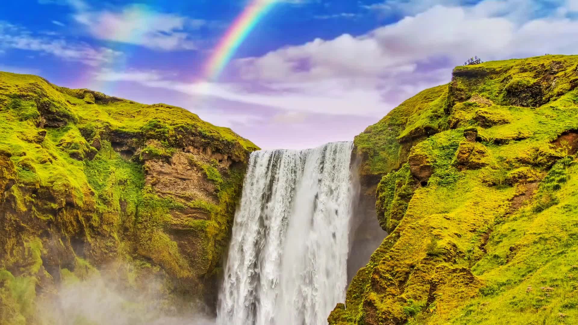 Waterfall between green cliffs under rainbow