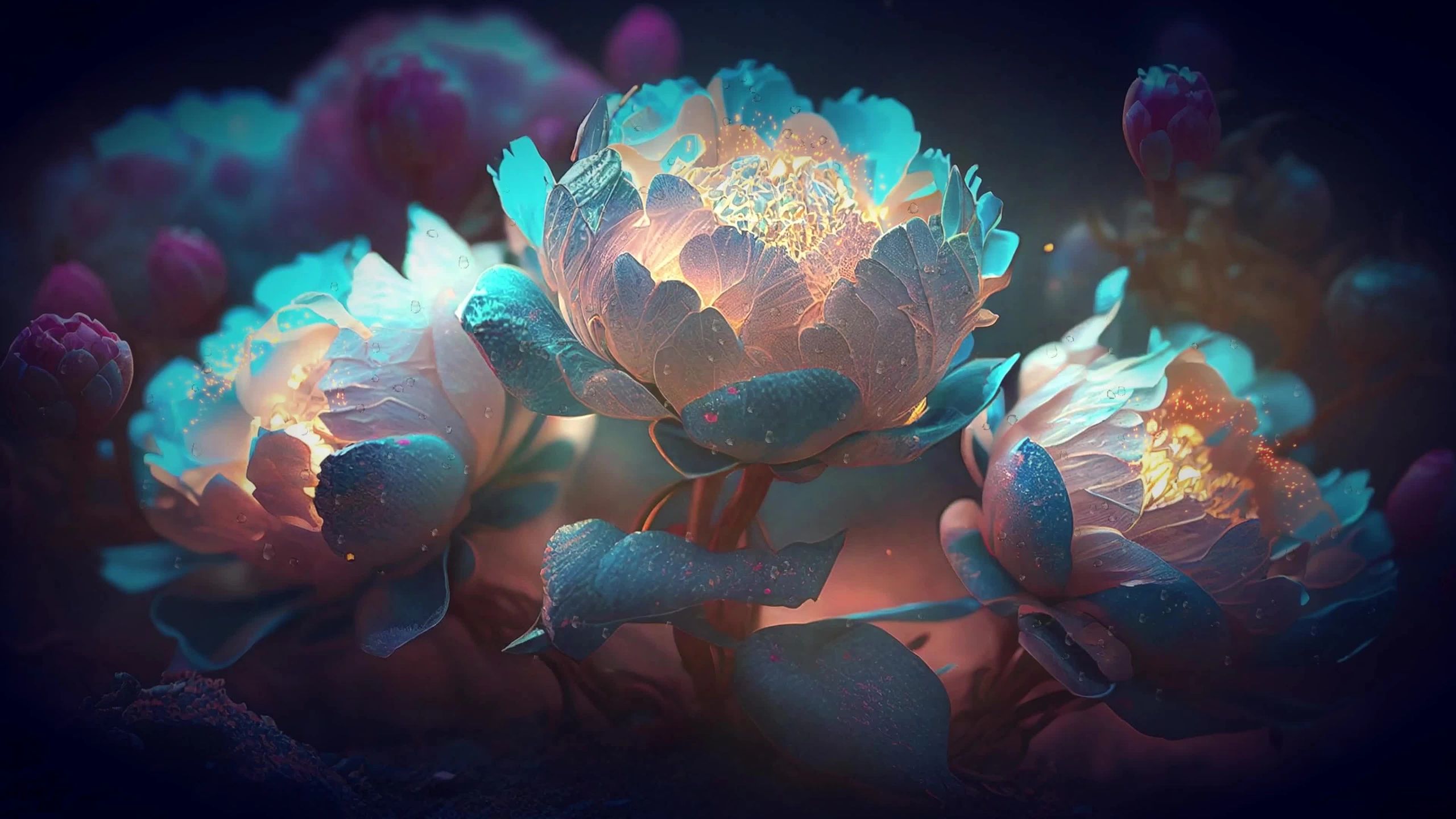 Luminous teal and pink peony blossoms