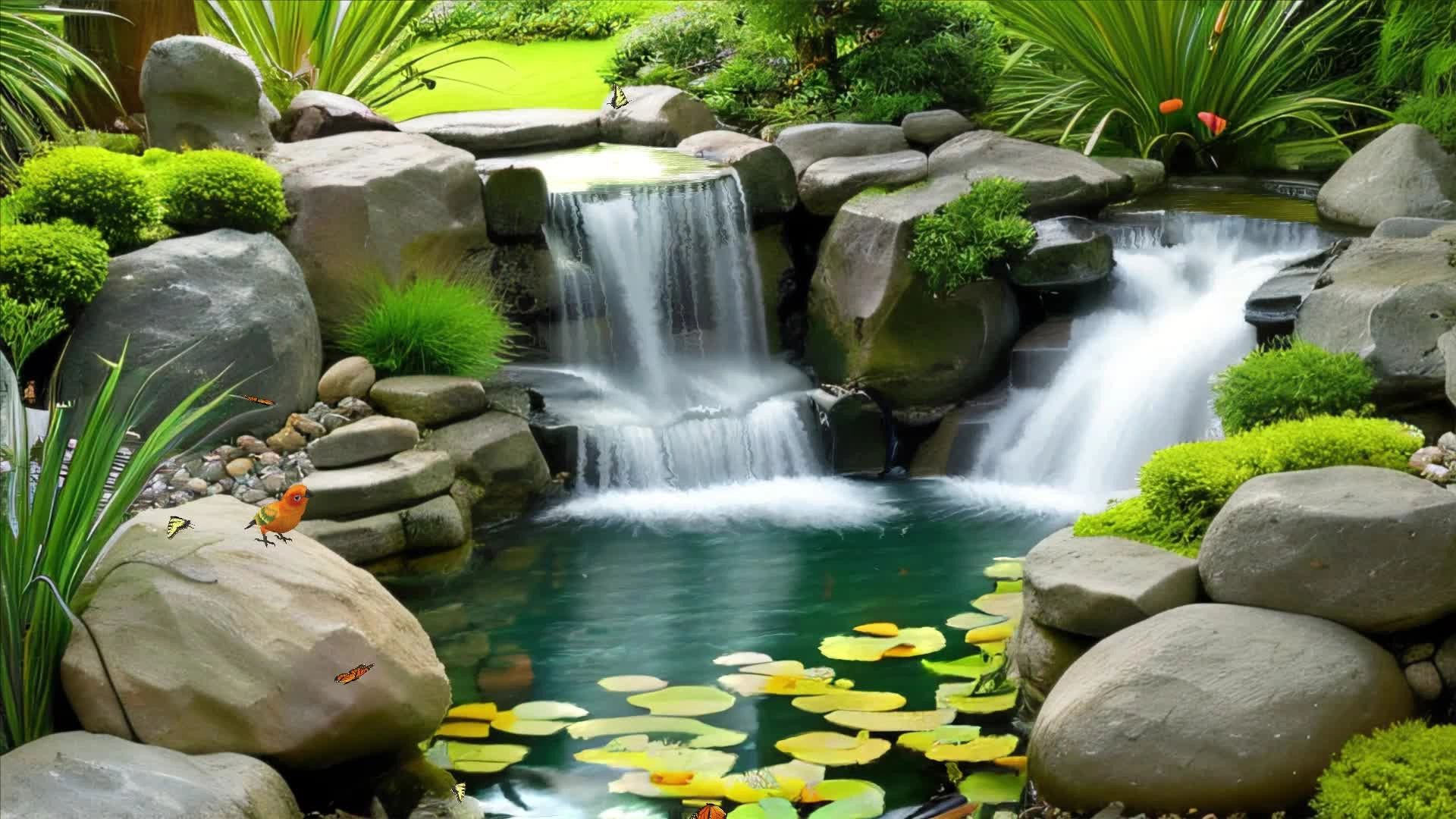 Tranquil garden waterfall over rocks with lily pads