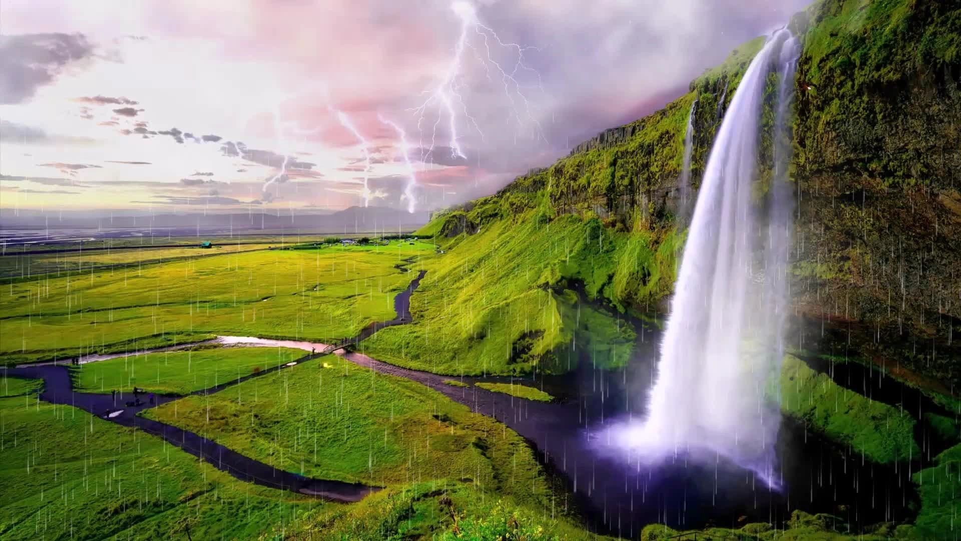Waterfall cascading over green cliffs amid lightning