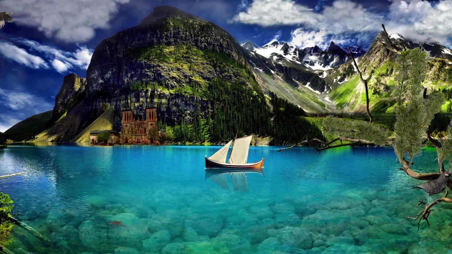 Sailboat on turquoise mountain lake with castle