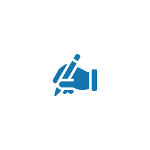 Blue hand holding pen writing icon