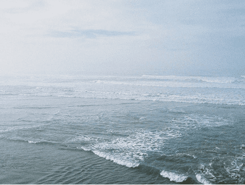 Misty ocean waves under overcast sky