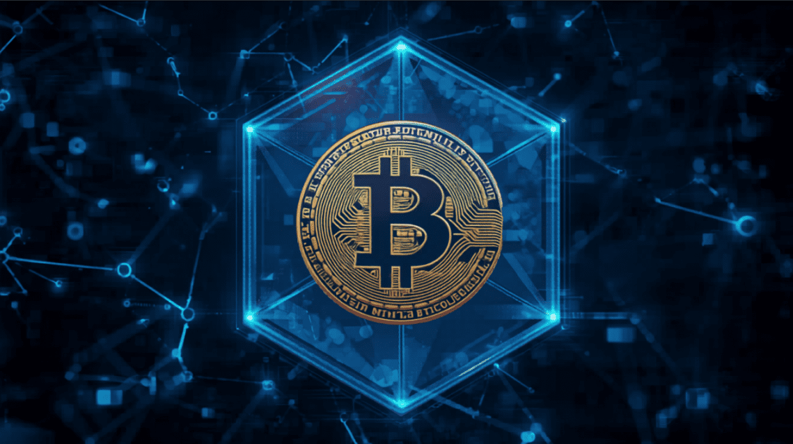 Bitcoin coin in glowing hexagonal blockchain network