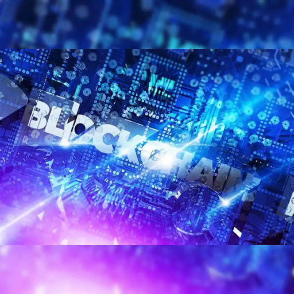 Glowing blockchain text over digital circuit board